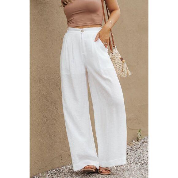 Azura Exchange  White Solid Color Elastic Waist Pleated Wide Leg Pants - Picture 5 of 8